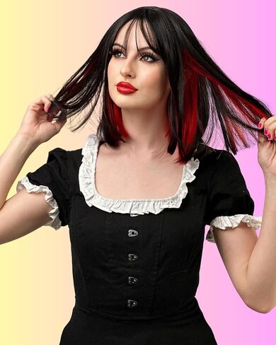 ALLAURA Two Tone Wig for Women Black & Red – Realistic Hair with Bangs, Fits All, Heat-Resistant, Curl & Restyle Bob – Fashion or Cosplay Fun in Kuwait
