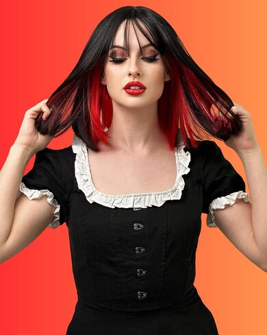 ALLAURA Two Tone Wig for Women Black & Red – Realistic Hair with Bangs, Fits All, Heat-Resistant, Curl & Restyle Bob – Fashion or Cosplay Fun in Kuwait