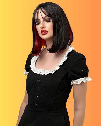 ALLAURA Two Tone Wig for Women Black & Red – Realistic Hair with Bangs, Fits All, Heat-Resistant, Curl & Restyle Bob – Fashion or Cosplay Fun in Kuwait