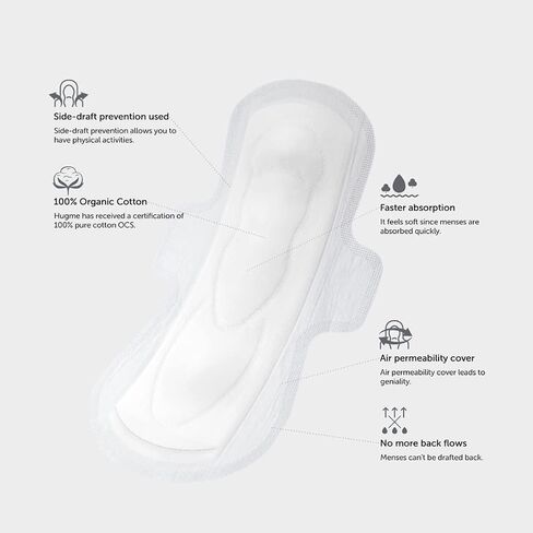 HugMe Organic Cotton Cover Sanitary Pads with Wings, Period | No Intermediate Glue, Breathable backsheet for Women (Large 10P, 4 Pack), White in Saudi Arabia