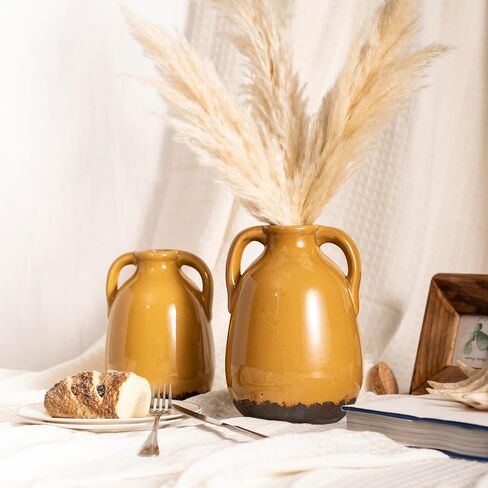مزهرية سيراميك بمقبضين، فخار زهور مزرعة ريفية بارتفاع 8.5 بوصة، مزهريات زخرفية عتيقة من طراز بوهو لغرفة المعيشة، خزف حجري زنجبيل فريد من نوعه للرف، قطع مركزية من الطين لطاولة الطعام. in Saudi Arabia