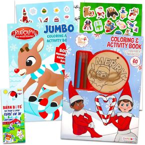 مجموعة صنع الزخارف Elf on The Shelf - مجموعة كتب أنشطة تلوين مكونة من قطعتين تتميز بقزم على الرف ورودولف الرنة ذات الأنف الأحمر | أنشطة عيد الميلاد DIY