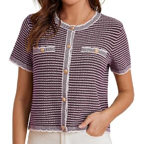 GRACE KARIN Women's 2025 Summer Striped Cardigan Sweaters Casual Short Sleeve Open Front Button Down Knit Sweater Tops