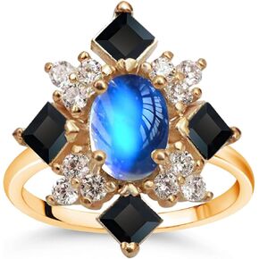 HAIXIAN 14K Yellow Gold Plated Moonstone Cubic Zirconias Ring for Women,Cocktail Party Multi Gem Stone Crystal Turkey Ring Jewelry