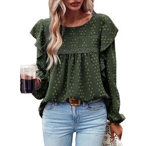 Women's Casual Tops Crewneck Lace Crochet Flowy Ruffle Shoulder Long Sleeve Blouses Shirts