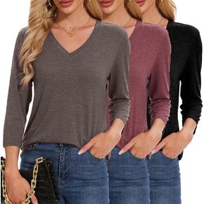 3/4 Length Sleeve Womens Tops V Neck Loose Fit Casual Tunic Spring Tops for Women Business Work Shirts 3 Pack