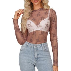 Diosun Womens Mesh Sheer Tops Long Sleeve Mock Neck Sexy See Through Shirts Lace Floral Blouses Y2K Layering Top