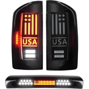 LED Tail Light + 3rd Brake Light Fit for Dodge Ram 1500 2007-2008, Fit for Dodge Ram 2500 3500 2007-2009, (Fit Halogen Type, Not Fit Factory LED Version) Rear Brake Lamp Taillight Assembly, Smoke Lens