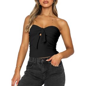 Women's Tie Front Tube Tops Ruched Strapless Bandeau Top Cut Out Sleeveless Slim Fit Summer Shirt