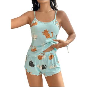 SHENHE Women's 2 Piece Cute Pajama Set Cartoon Cat Print Cami and Shorts Pj Lounge Set