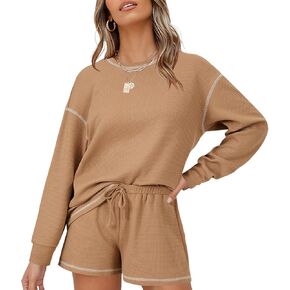 Vrtige Women's Waffle Knit Pajama Set 2 Piece Long Sleeve Top and Shorts PJs Matching Loungewear