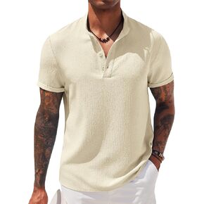 COOFANDY Men's Casual Henley Tee Shirt Band Collar Short Sleeve Summer Beach Hippie T Shirts