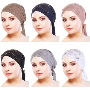 6 Pcs Rhinestone Women Head Scarf Stretchy Head Wrap Bandana Beanie Pre Tied Durag Turban Cap Skull Cap Headbands