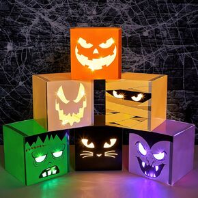 Zhanmai 6 Pcs Halloween Party Decoration 11.8 Inch Large Halloween Decorative Boxes with String Light Jack O Lanterns Blocks Halloween Luminous Box Halloween Lantern Box for Halloween Decor(Cute)