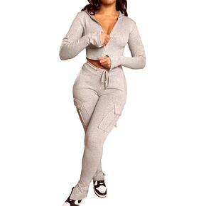 Voghtic Women's 2 Piece Outfits Sweatsuit Long Sleeve Zip Up Crop Hoodie Sweatpants with Pockets