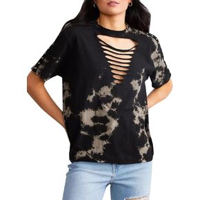 SOFIA'S CHOICE Women's Cut Out Deep V Neck Tie Dye Shirt Oversized Tshirts Short Sleeve Tee