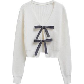 CHICWISH Women Velvet Tie Front Crop Ribbed Knit Cardigan Sweaters V Neck Long Sleeves Trendy Fall Winter Casual Tops