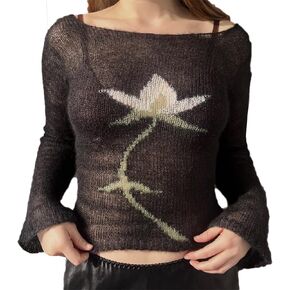 ICNGLKSND Women Lightweight Sheer Sweater Floral Print Knitwear Long Sleeve Boat Neck See Through Jumper Loose Rib Crop Tops in Kuwait