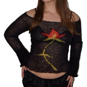 ICNGLKSND Women Lightweight Sheer Sweater Floral Print Knitwear Long Sleeve Boat Neck See Through Jumper Loose Rib Crop Tops
