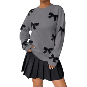 GORGLITTER Women's Bow Sweater Long Sleeve Crew Neck Vintage Y2k Knitted Sweater