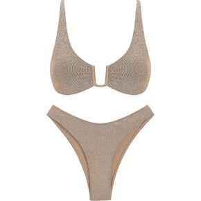 ZAFUL Bikini Set for Women U-Wired Bathing Suits Metallic Glitter Sparkly Lace Up Criss Cross String Bikini Swimswear(XL,Shine-Light Coffee)