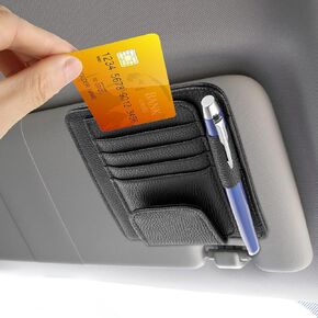 Car Visor Organizer Small Leather Sun Visor Organizer Clip, Car Card Sleeve Pocket Document Holder Interior Accessories for Sunglasses Car Registration Drving License Insurance Info Pen Note (Black)