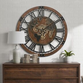 Micasso 32" Large World Map Wall Clock with Real Moving Gears, Oversized Vintage Wood Frame Non-Ticking Battery Operated Silent Clock for Office,Living Room,Kitchen,Dining Room.
