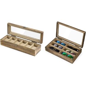 SRIWATANA Watch Box Case 6 Slot and Sunglasses Organizer for Women Men, Vintage Style (Contains 2 Items)
