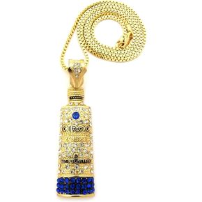 Mens Iced Out Gold Vodka Bottle Pendant 4mm 36" Franco Chain Necklace