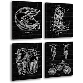 Motorcycle Dirt Bike Patent Wall Art, Vintage Motocross Canvas Posters, Helmet Body Armor Motorbike Boots Art Prints, Set of 4-8x10 inches Framed, Gift for Dirtbike Fans, Man Cave Garage Home Decor