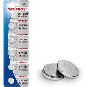Tenergy CR1220 3V Lithium Button Cell Battery, for Keys, Watches, Accessories, 5 Pack