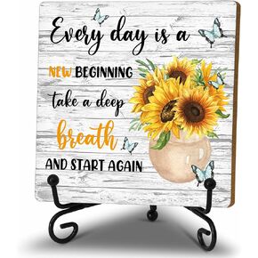 Motivational Gifts Wood Decor Sign, Inspirational Sunflower Wooden Rustic Farmhouse Decor with Stand for Home Desk Tabletop Shelf Decorations (A12)