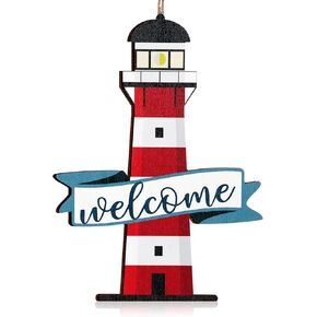 Welcome Sign Wood Decor for Front Door Summer Decorative Signs Plaques Tropical Wooden Hanging Sign Hawaiian Themed Wreath Door Sign Door Decorations Hanger (Lighthouse)