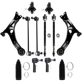12-PC SET Suspension Kit for 2003-2008 For Toyota Matrix 2003-2008 for Pontiac Vibe Front Lower Control Arm Lower Ball Joint Inner Outer Tie Rod End Sway Bar End Link Steering Boot