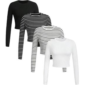 GORGLITTER Women's 4 Piece Striped T Shirt Long Sleeve Crewneck Slim Fit Tee Crop Tops