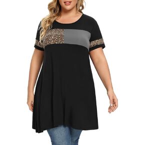 OVERWORETY Plus Size Tunics for Women Short Sleeve Animal Print Color Block Swing Tee Tops Shirts
