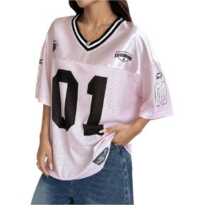 SOLY HUX Women's Jersey Shirts Letter Graphic Oversized Mesh Tees V Neck Half Sleeve Loose T Shirt Tops