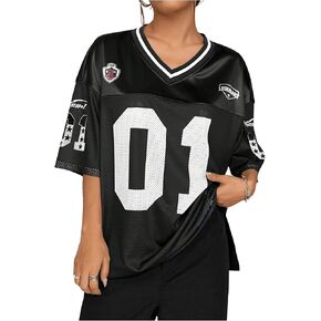 SOLY HUX Women's Jersey Shirts Letter Graphic Oversized Mesh Tees V Neck Half Sleeve Loose T Shirt Tops in Saudi Arabia