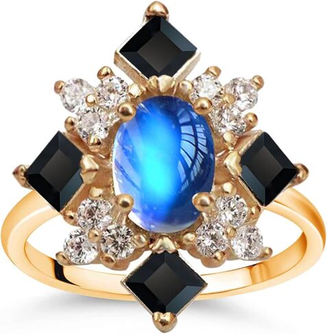 HAIXIAN 14K Yellow Gold Plated Moonstone Cubic Zirconias Ring for Women,Cocktail Party Multi Gem Stone Crystal Turkey Ring Jewelry in Saudi Arabia