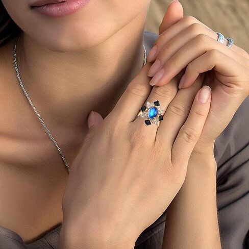 HAIXIAN 14K Yellow Gold Plated Moonstone Cubic Zirconias Ring for Women,Cocktail Party Multi Gem Stone Crystal Turkey Ring Jewelry in Saudi Arabia