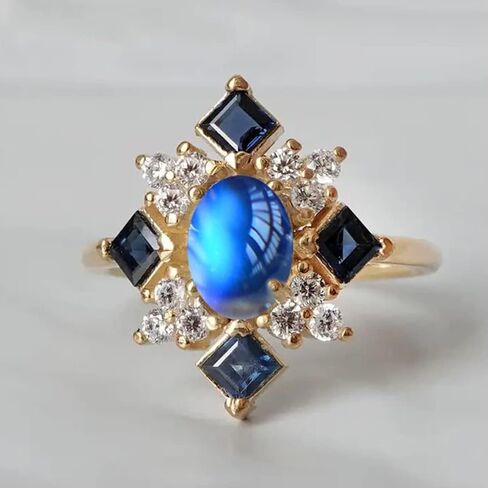 HAIXIAN 14K Yellow Gold Plated Moonstone Cubic Zirconias Ring for Women,Cocktail Party Multi Gem Stone Crystal Turkey Ring Jewelry in Saudi Arabia