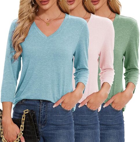 3/4 Length Sleeve Womens Tops V Neck Loose Fit Casual Tunic Spring Tops for Women Business Work Shirts 3 Pack in Saudi Arabia
