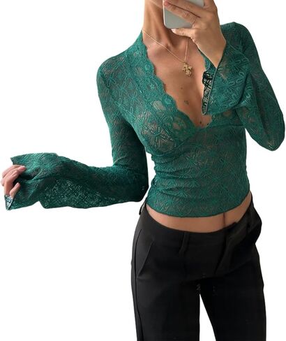 Women Lace Long Sleeve Top Deep V Neck Floral Sheer Mesh Flare Sleeve Shirt Y2k Going Out Tops in Kuwait
