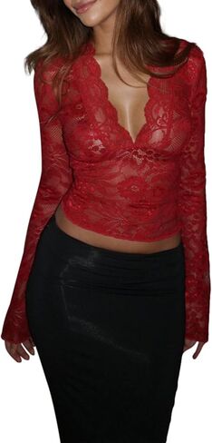 Women Lace Long Sleeve Top Deep V Neck Floral Sheer Mesh Flare Sleeve Shirt Y2k Going Out Tops in Kuwait