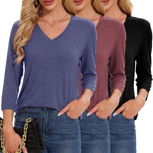 3/4 Length Sleeve Womens Tops V Neck Loose Fit Casual Tunic Spring Tops for Women Business Work Shirts 3 Pack in Saudi Arabia