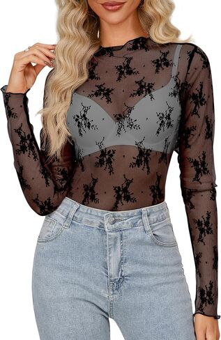 Diosun Womens Mesh Sheer Tops Long Sleeve Mock Neck Sexy See Through Shirts Lace Floral Blouses Y2K Layering Top in Saudi Arabia