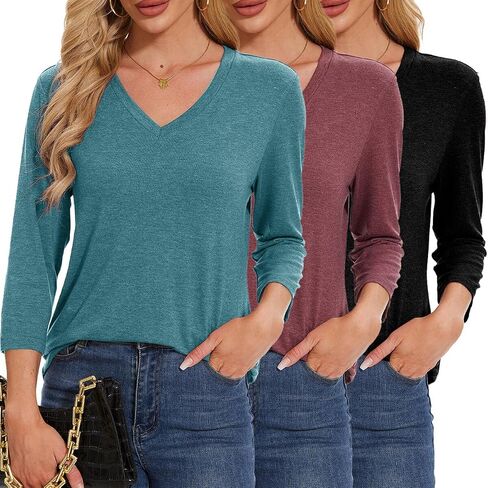 3/4 Length Sleeve Womens Tops V Neck Loose Fit Casual Tunic Spring Tops for Women Business Work Shirts 3 Pack in Saudi Arabia