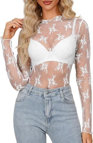 Diosun Womens Mesh Sheer Tops Long Sleeve Mock Neck Sexy See Through Shirts Lace Floral Blouses Y2K Layering Top in Saudi Arabia