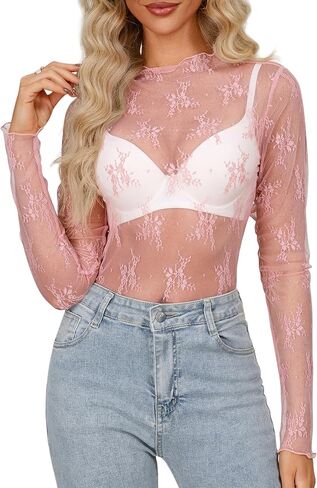 Diosun Womens Mesh Sheer Tops Long Sleeve Mock Neck Sexy See Through Shirts Lace Floral Blouses Y2K Layering Top in Saudi Arabia