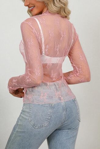 Diosun Womens Mesh Sheer Tops Long Sleeve Mock Neck Sexy See Through Shirts Lace Floral Blouses Y2K Layering Top in Saudi Arabia